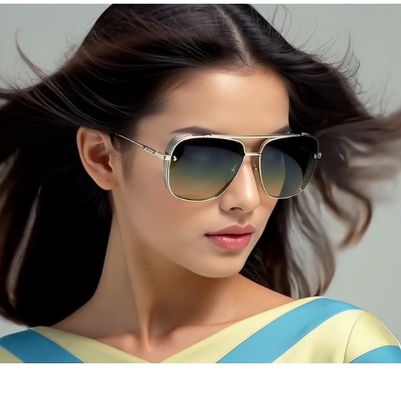 Accessories - Women Sunglasses Silver Frame Gradient Green Lens Metal Unique Outdoor Outfits